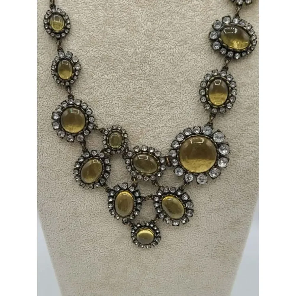 J Crew Antique Brass Look Statement Necklace with Gold & Clear Crystals